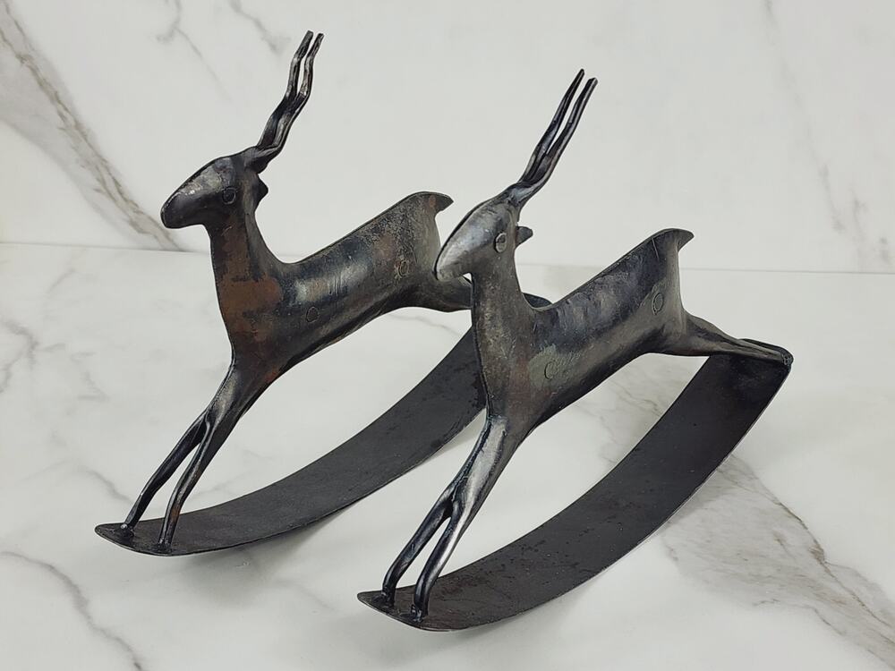 African Antelope Deer Gazelle 9" Metal Rocking Rustic Crafted 90s Brown Decor x2